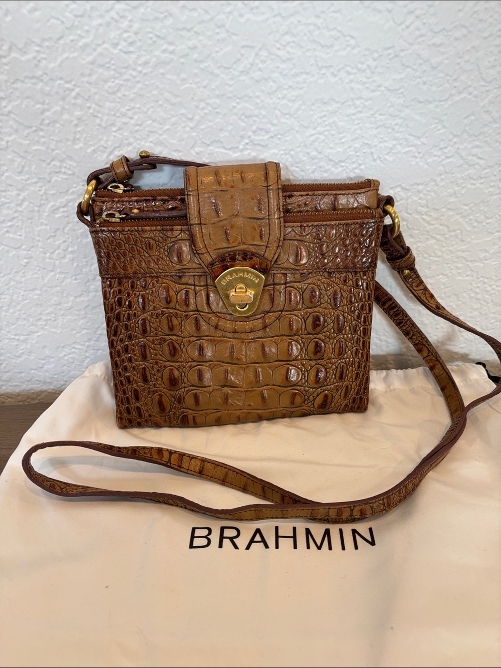 Brahmin Two-Tone Brown Croc-Embossed Crossbody with Gold Hardware
